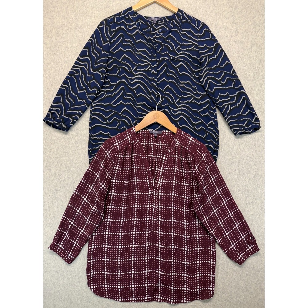 NYDJ Womens Pintuck Blouse Top Blue Maroon Red 3/4 Sleeve Printed S Lot‎ Of 2